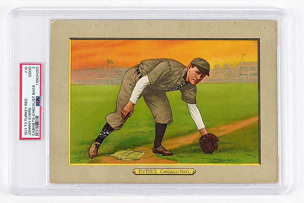 1911 T3 Turkey Red Cabinets #16 Johnny Evers Checklist Back PSA GOOD 2