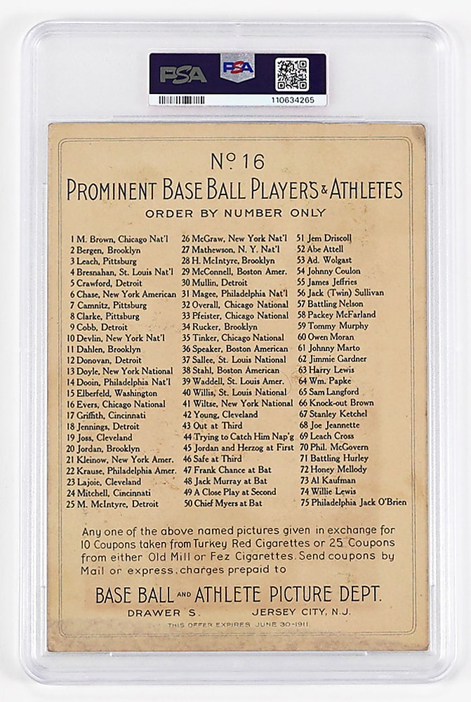 1911 T3 Turkey Red Cabinets #16 Johnny Evers Checklist Back PSA GOOD 2