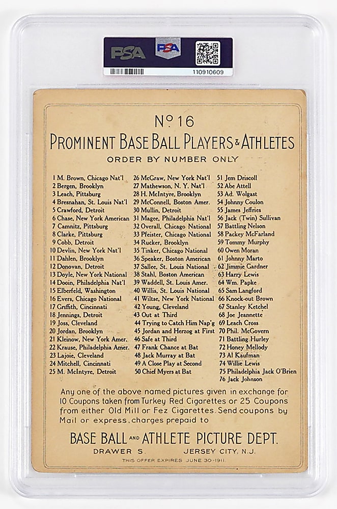 1911 T3 Turkey Red Cabinets #16 Johnny Evers Checklist Back PSA GOOD 2 (mk)