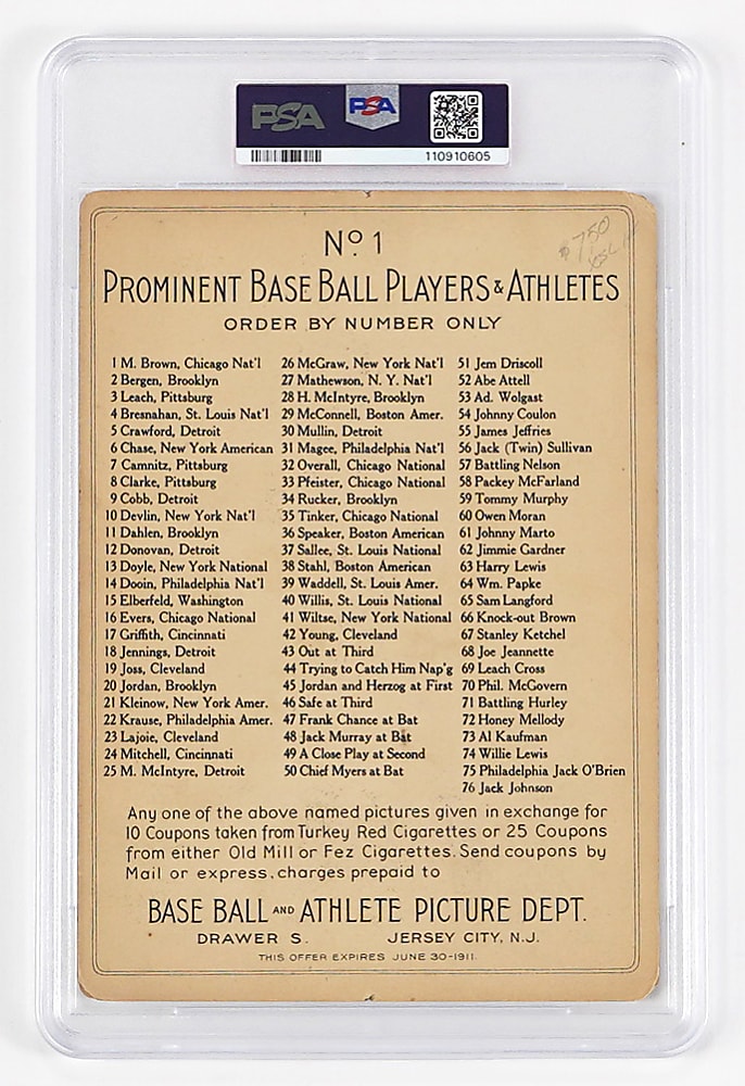 1911 T3 Turkey Red Cabinets #1 Mordecai Brown Checklist Back PSA POOR 1 (mk)