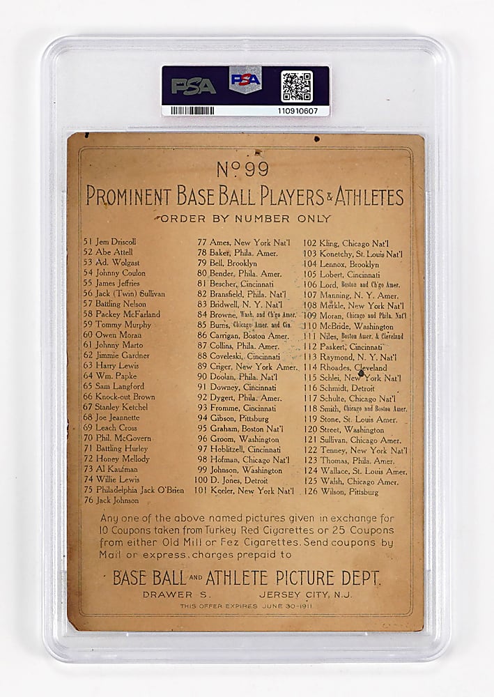 1911 T3 Turkey Red Cabinets #99 Walter Johnson Checklist Back PSA POOR 1