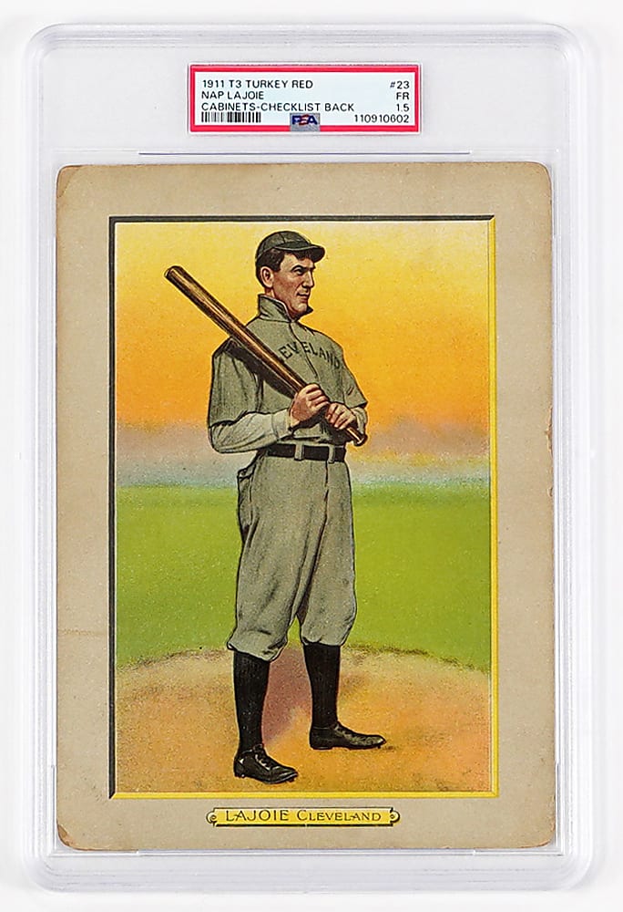 1911 T3 Turkey Red Cabinets #23 Nap Lajoie Checklist Back PSA FAIR 1.5