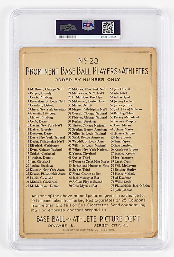1911 T3 Turkey Red Cabinets #23 Nap Lajoie Checklist Back PSA FAIR 1.5