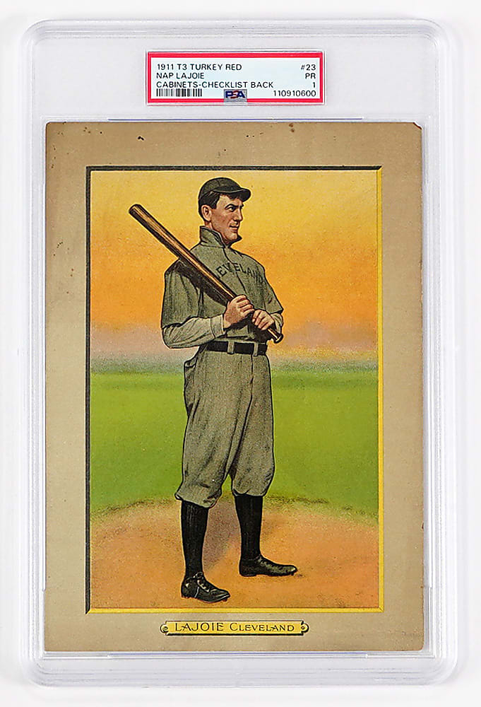 1911 T3 Turkey Red Cabinets #23 Nap Lajoie Checklist Back PSA POOR 1