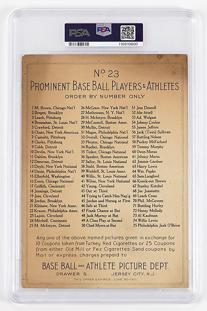 1911 T3 Turkey Red Cabinets #23 Nap Lajoie Checklist Back PSA POOR 1