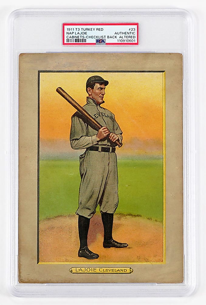 1911 T3 Turkey Red Cabinets #23 Nap Lajoie Checklist Back PSA Authentic (Altered)