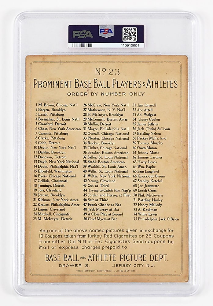 1911 T3 Turkey Red Cabinets #23 Nap Lajoie Checklist Back PSA Authentic (Altered)
