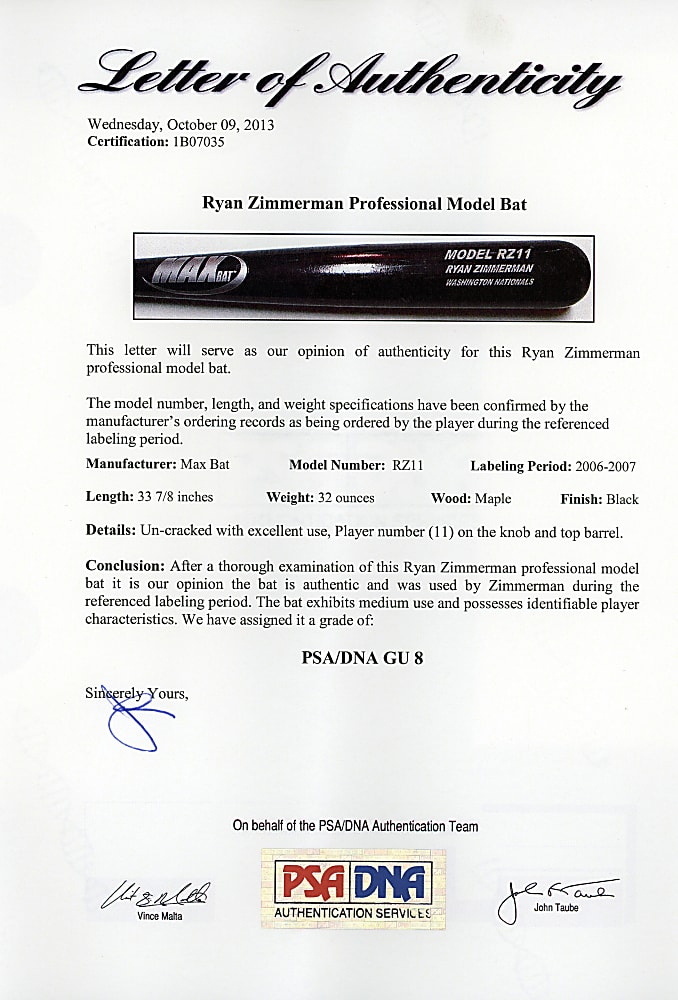 2006-2007 Ryan Zimmerman Game-Used Washington Nationals Bat Pair (One Signed) - Both PSA/DNA GU 8