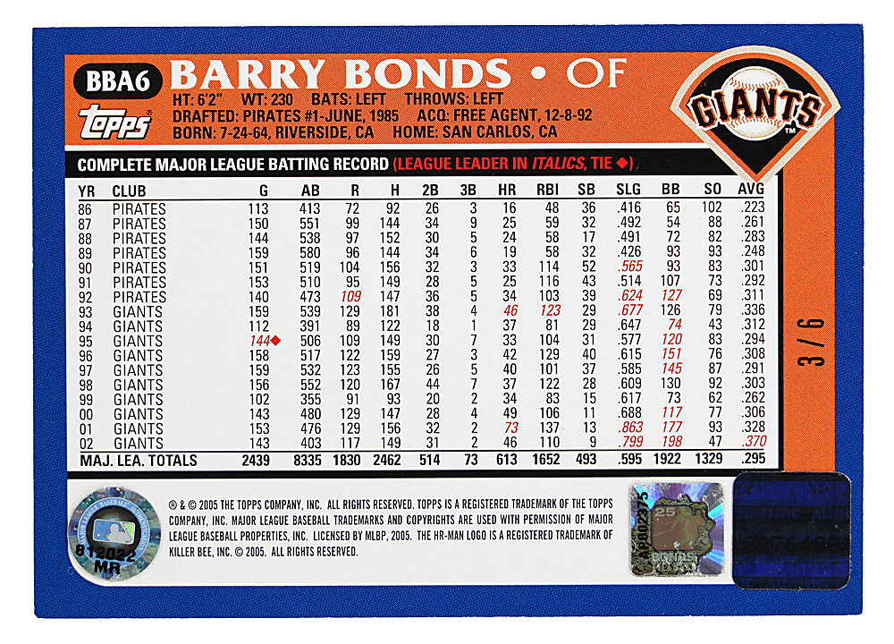 2005 Topps Barry Bonds #6 MVP Autographs # 3/6 - Hobby Pack Odds (1:222,792)