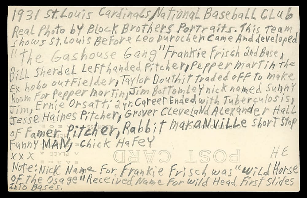 1931 St. Louis Cardinals World Champions Block Brothers Real Photo Team Postcard