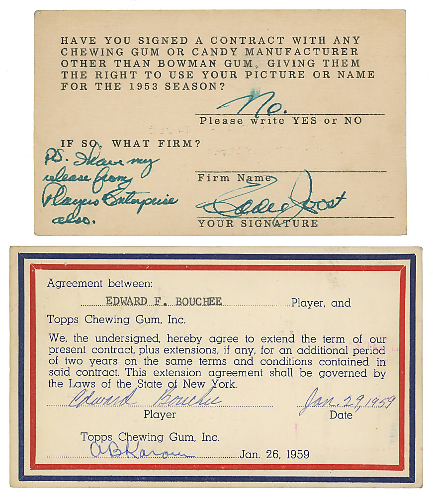 1950s Topps and Bowman Signed Player Agreement Postcards Pair - Ed Bouchet and Eddie Joost