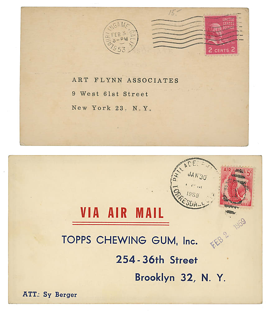 1950s Topps and Bowman Signed Player Agreement Postcards Pair - Ed Bouchet and Eddie Joost