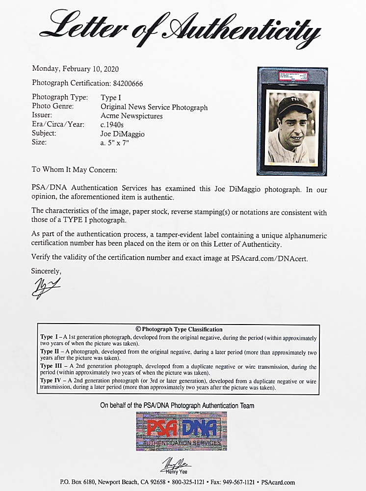 Circa 1940s Joe DiMaggio Original News Service Photograph - PSA/DNA Type I Authentic