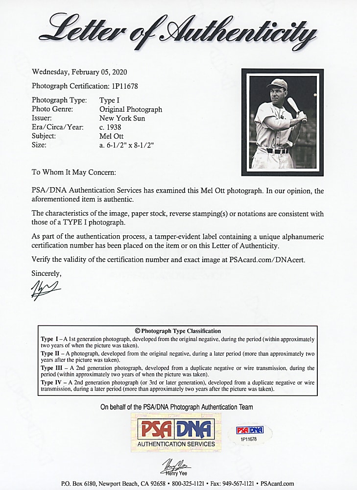 Circa 1938 Mel Ott Original News Service Photograph PSA/DNA Type I
