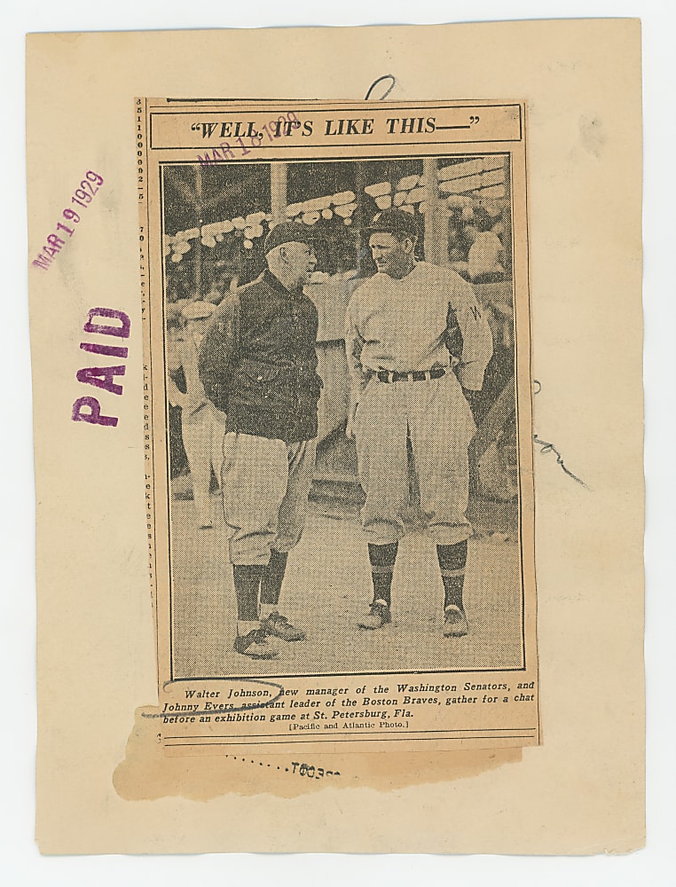 1929 Walter Johnson and Johnny Evers Original News Service Photograph - PSA/DNA Type I