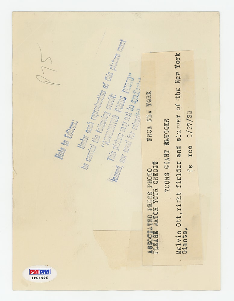 1928 Mel Ott Original News Service Photograph - PSA/DNA Type I