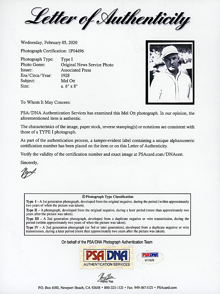 1928 Mel Ott Original News Service Photograph - PSA/DNA Type I
