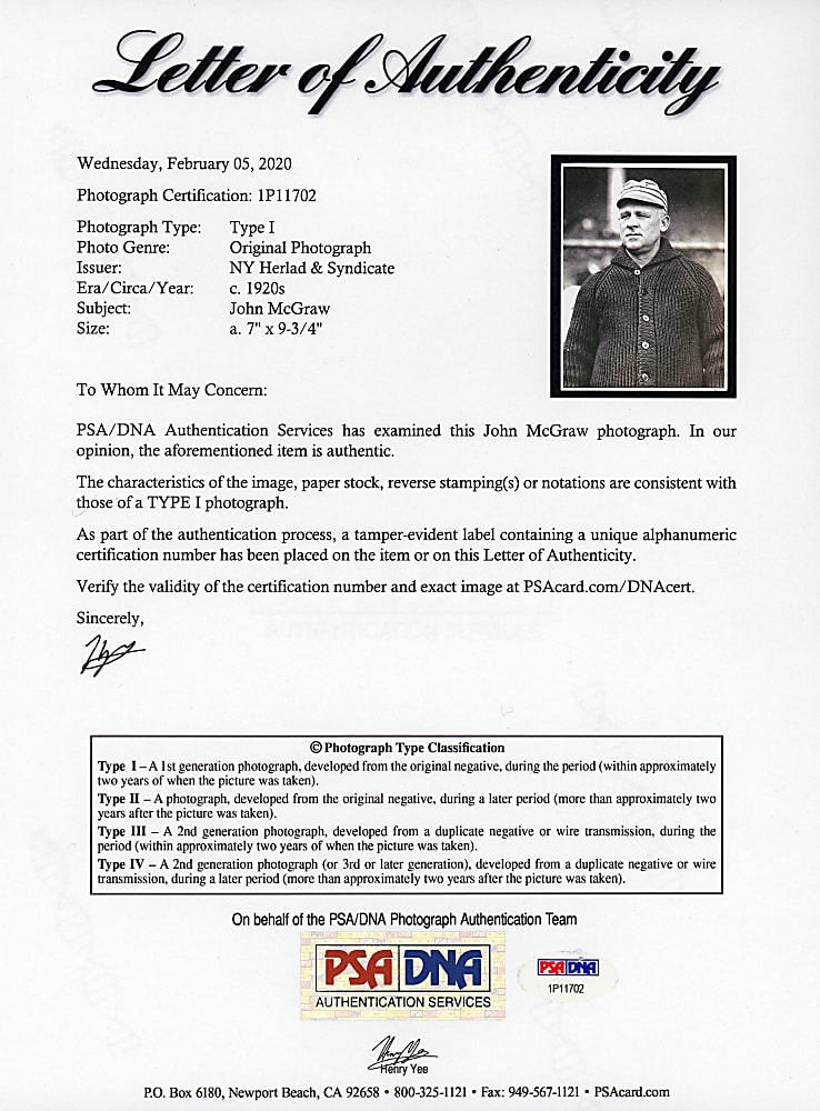 1920 John McGraw Original News Service Photograph PSA/DNA Type I