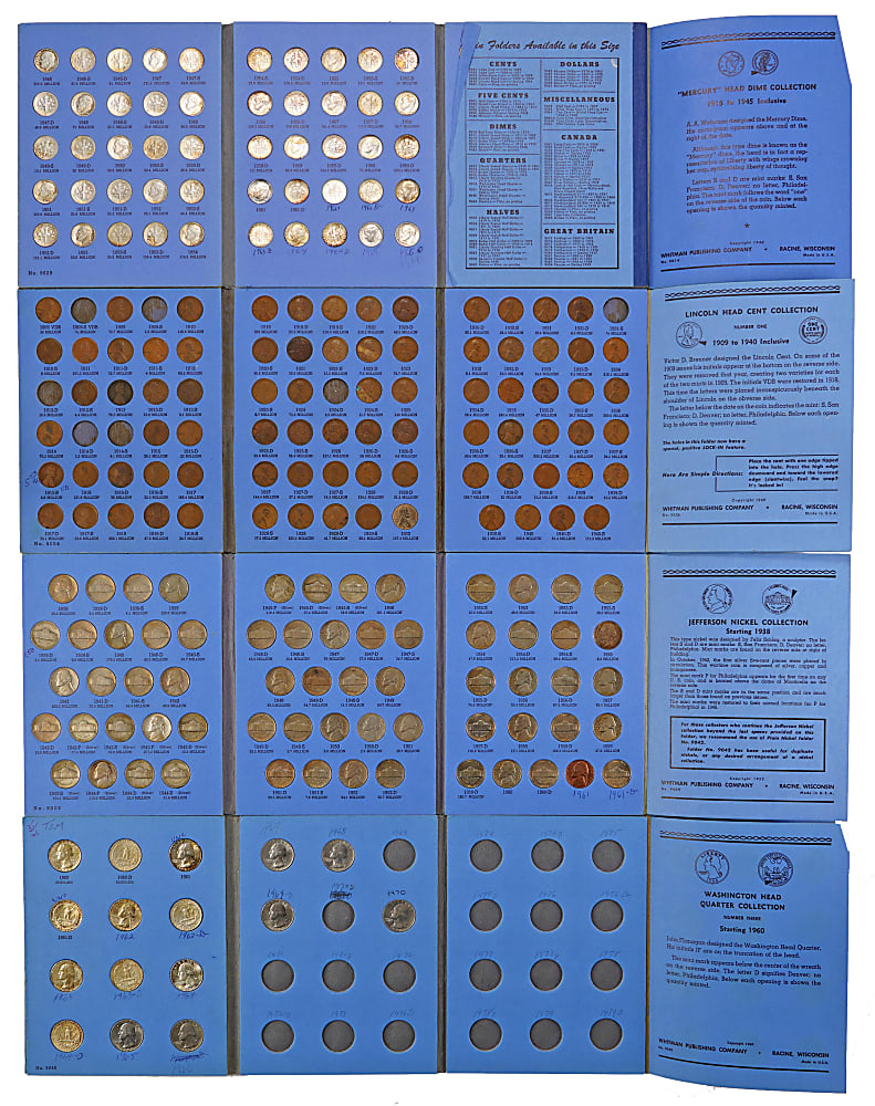 1857-1972 U.S. Coin Near-Complete, Partial and Starter Sets (14) with Washington Quarters, Mercury Dimes & Indian Head Cents