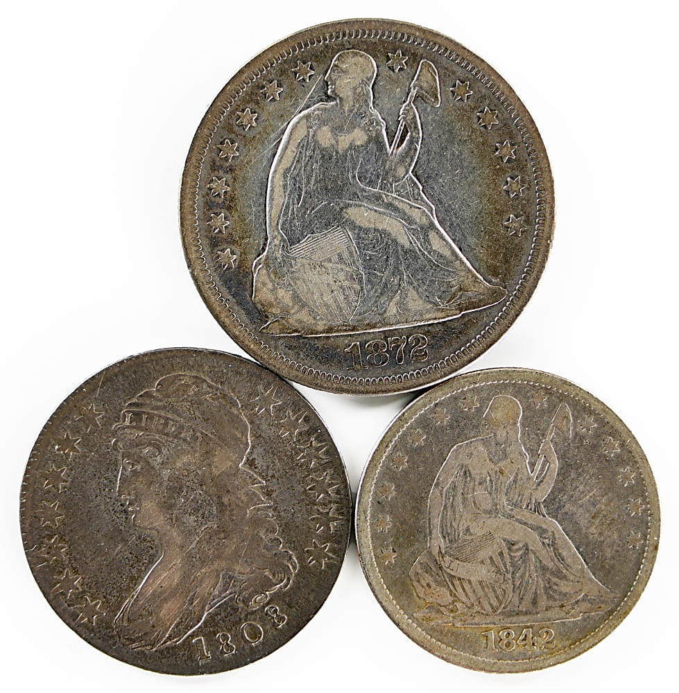 1808-1872 U.S. Silver Type Coins (3) with 1872 Liberty Seated Dollar, 1808 Capped Bust Half Dollar & 1842 Liberty Seated Half Dollar