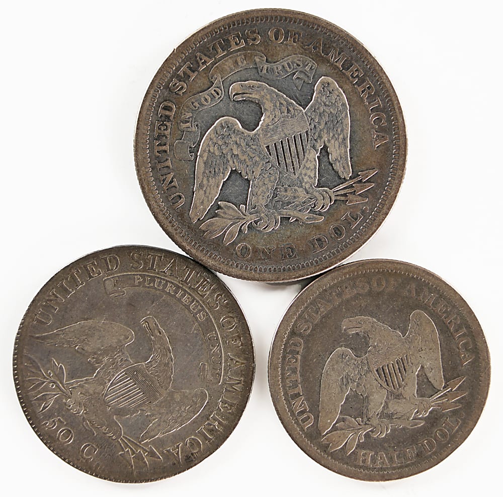 1808-1872 U.S. Silver Type Coins (3) with 1872 Liberty Seated Dollar, 1808 Capped Bust Half Dollar & 1842 Liberty Seated Half Dollar