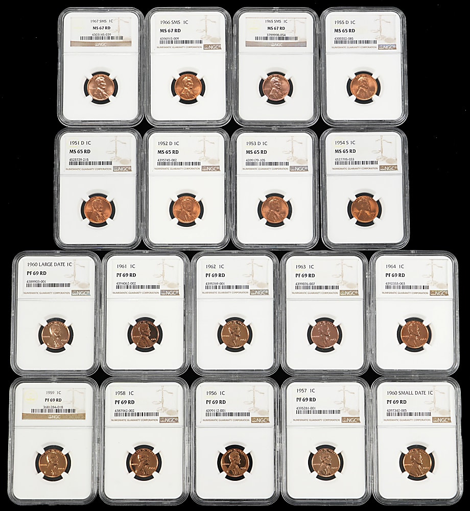 1951-1967 Lincoln Cent NGC Graded Proof and Uncirculated Coins (18) with 1956-1964 PF 69 RD Run (10)