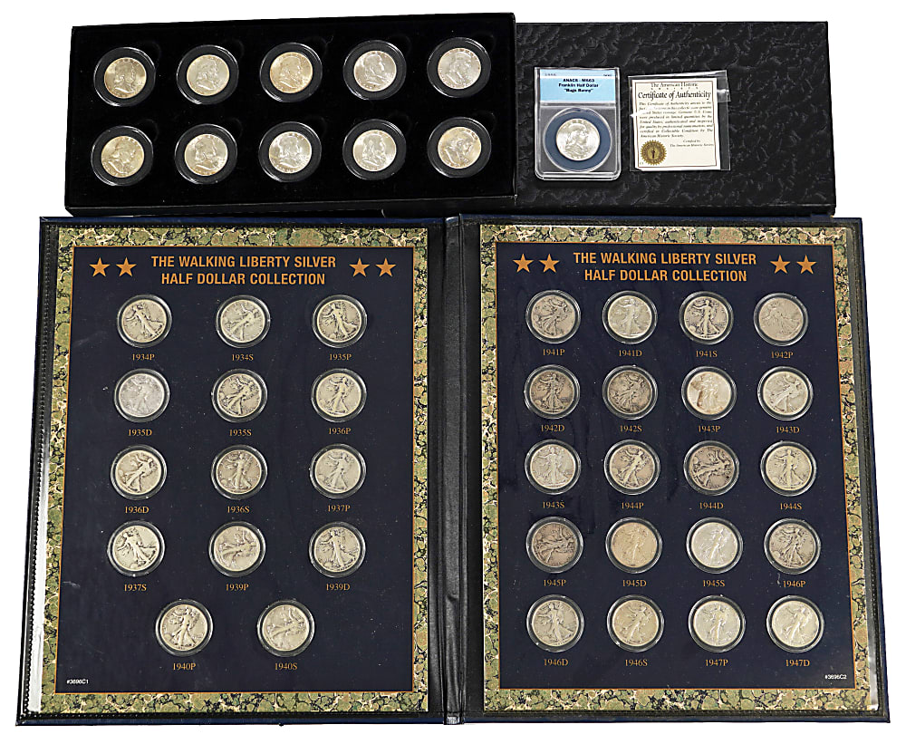 1934-1957 Silver Half Dollar Collection (45) with 1934-1947 Walking Liberty Partial Run (34) & ANACS (MS63) 1955 Franklin "Bugs Bunny"