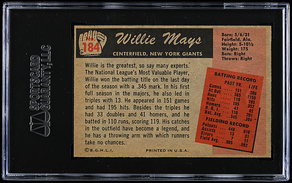 1955 Bowman #184 Willie Mays SGC NM 7