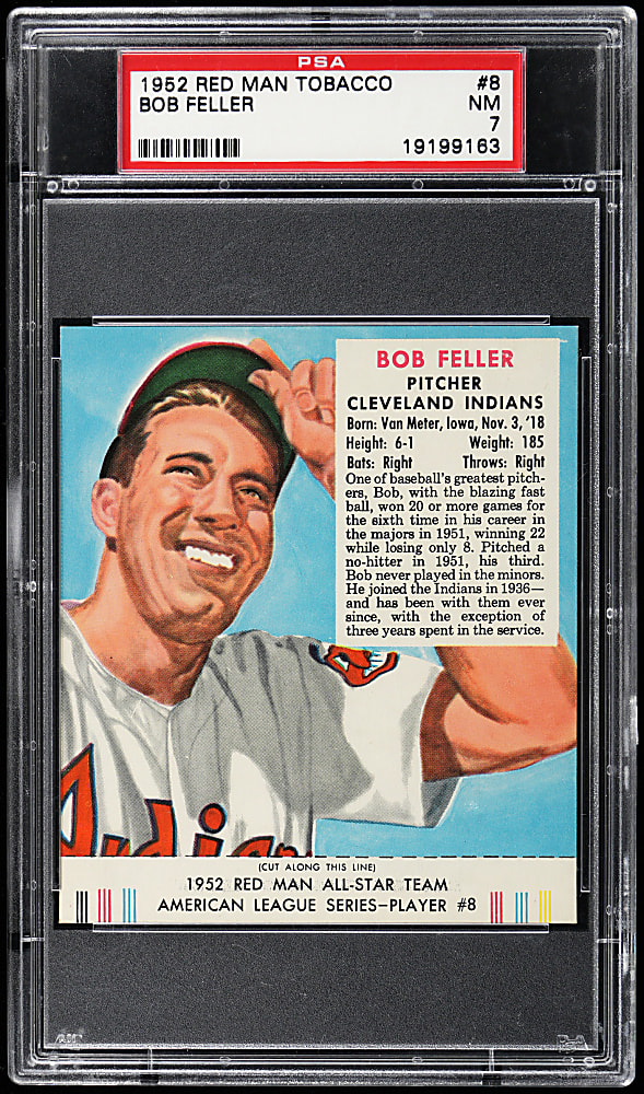 1952 Red Man Tobacco #8 Bob Feller with Tab PSA NM 7