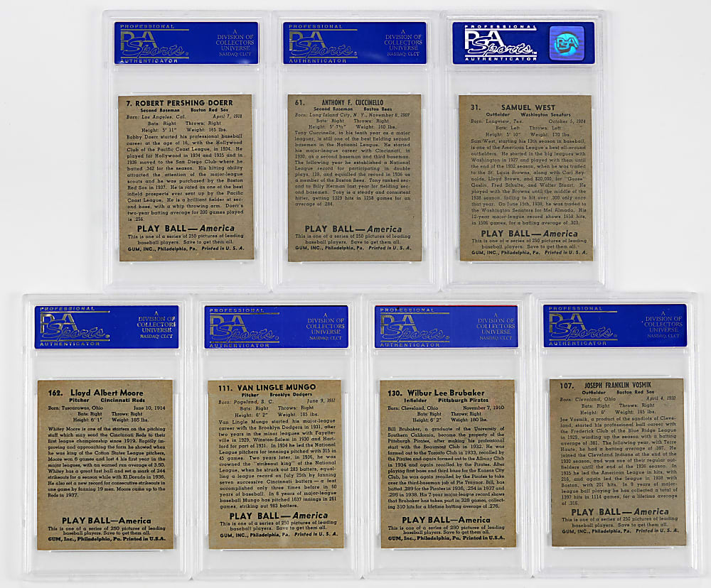 1939 Play Ball PSA Graded EX-MT 6 Group (7) with #7 Bobby Doerr Plus (2) High Numbers