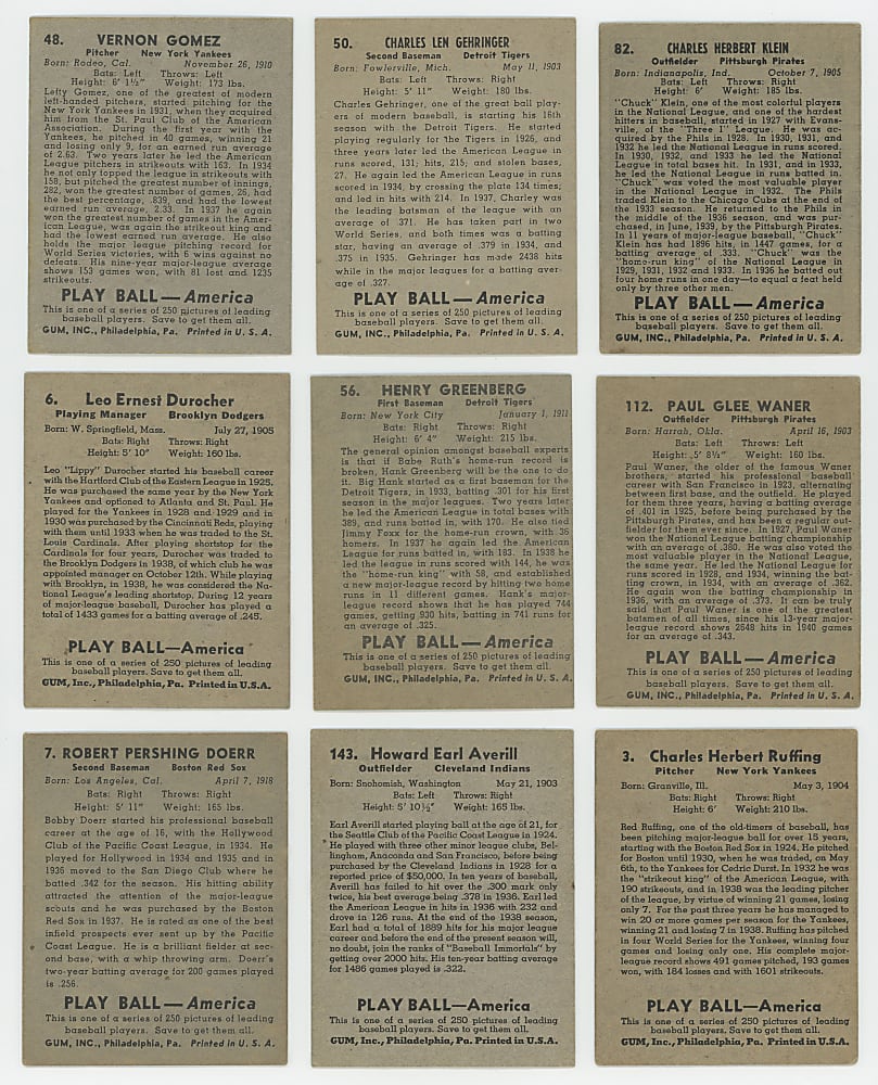 1939 Play Ball Near Set (148/161) with Most Hall of Famers & High Numbers