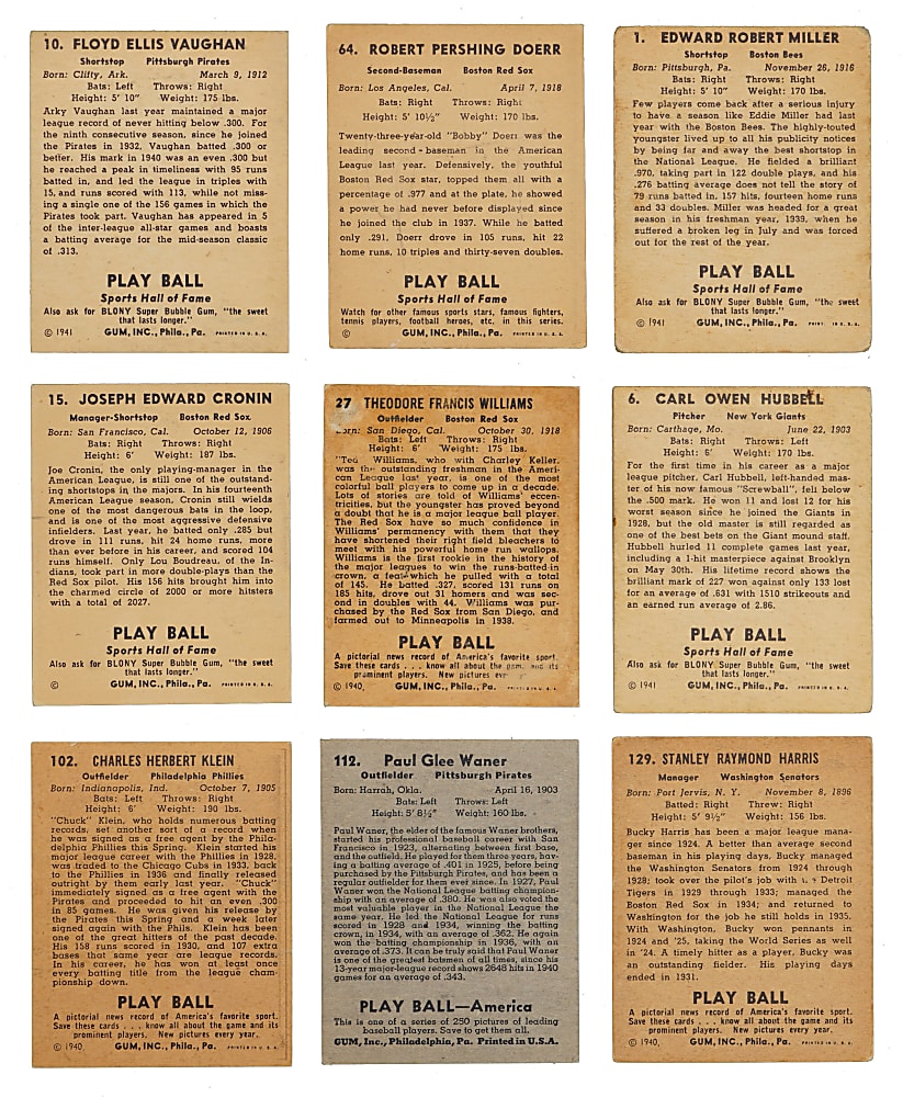 1939-1941 Play Ball Collection (32) with (10) Hall of Famers Including Ted Williams