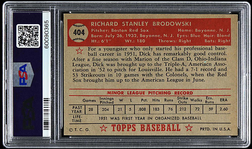 1952 Topps #404 Dick Brodowski PSA NM 7 High Number