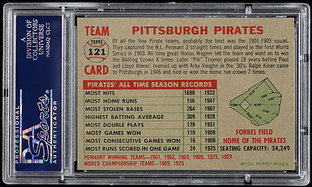 1956 Topps #121 Pittsburgh Pirates Team Card, Gray Back PSA NM-MT 8