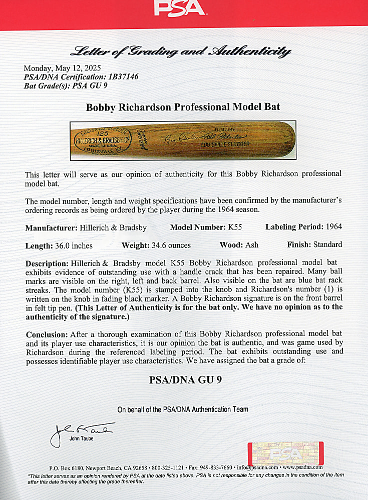 1964 Bobby Richardson Signed New York Yankees Game-Used Bat - PSA/DNA GU 9