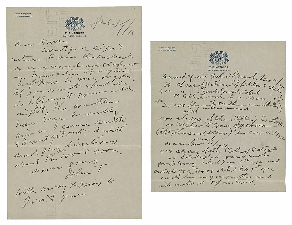 1911 John T. Brush Signed Handwritten Letter - Beckett Full LOA