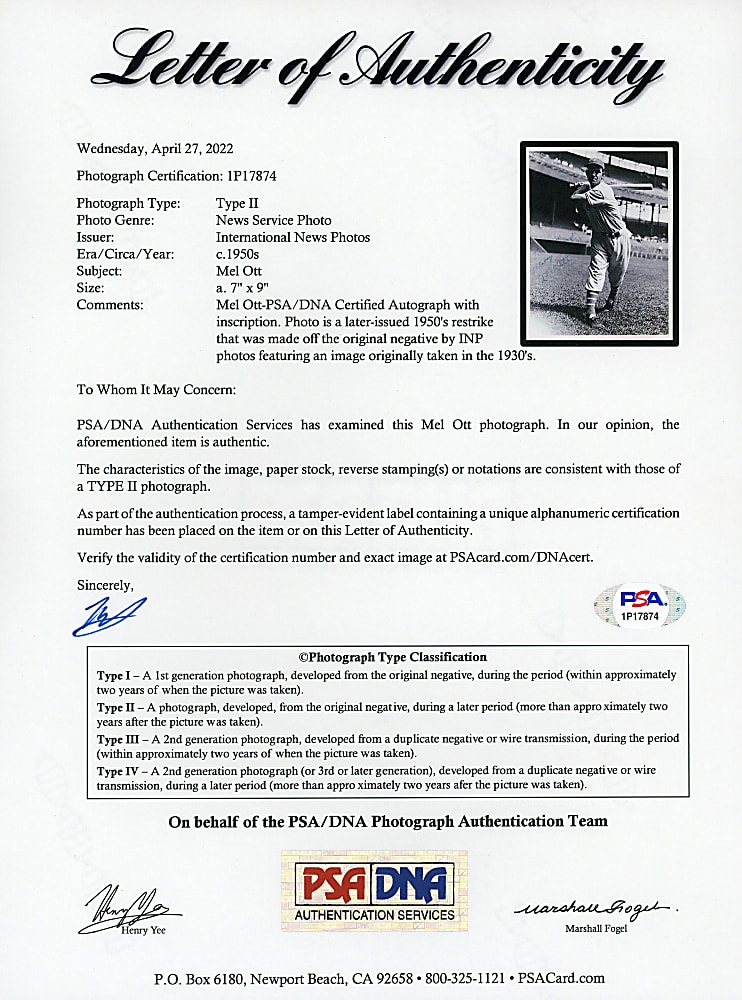 Circa 1950s Mel Ott Signed News Service Photograph - PSA/DNA Type II