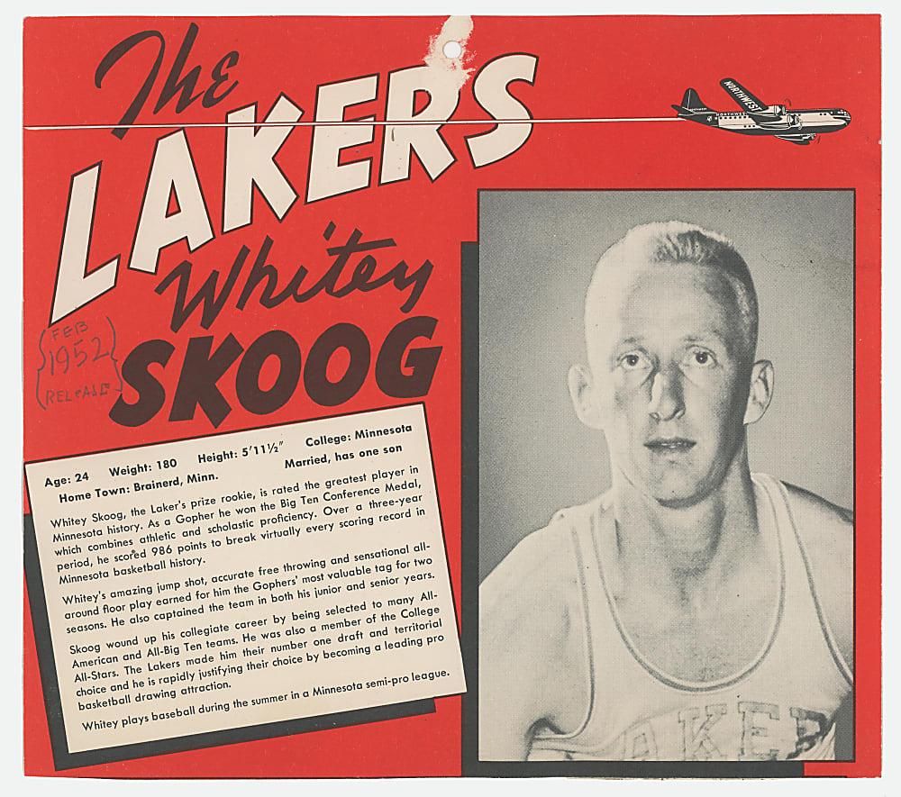 1951-1952 Northwest Airlines World Champion Minneapolis Lakers Advertising Calendar Schedule Photographs (2) with George Mikan & "Whitey" Skoog