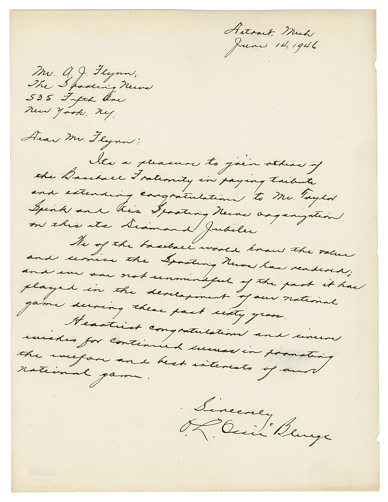 1946 Ossie Bluege Signed Handwritten Letter Congratulating Taylor Spink on The Sporting News 60th Anniversary - PSA/DNA COA