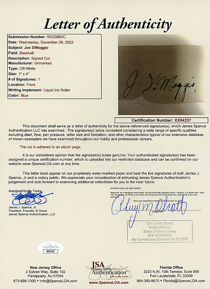 1930s-1940s Joe DiMaggio Early Career Cut Signature - Full JSA LOA