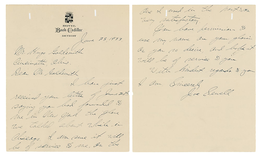 1933 Joe Sewell Signed Handwritten Letter with Baseball Equipment Endorsement Content - PSA/DNA Full LOA