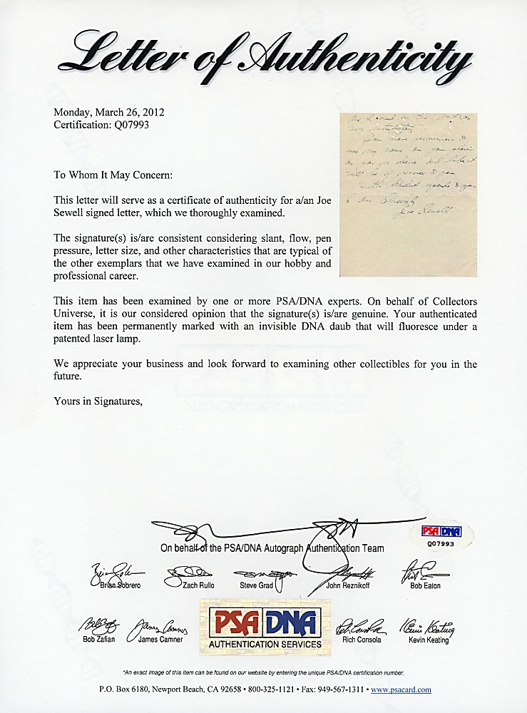 1933 Joe Sewell Signed Handwritten Letter with Baseball Equipment Endorsement Content - PSA/DNA Full LOA