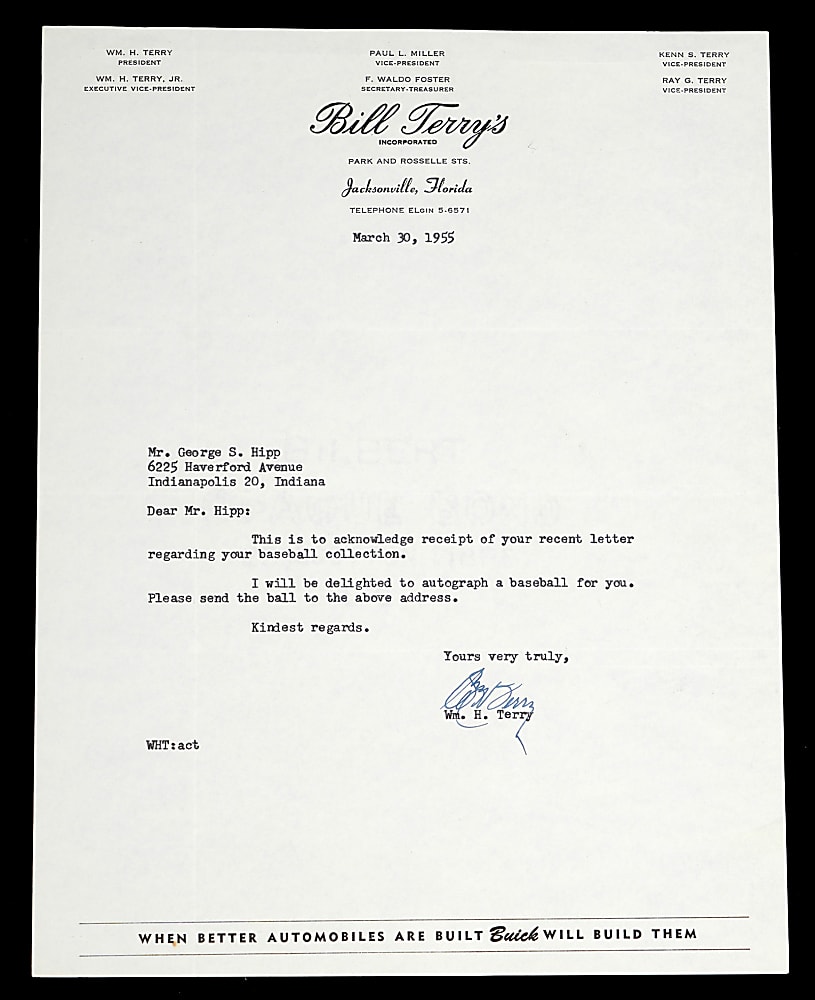 1955 Bill Terry Single-Signed Period Baseball with PSA/DNA LOA & Typed Letter Signed