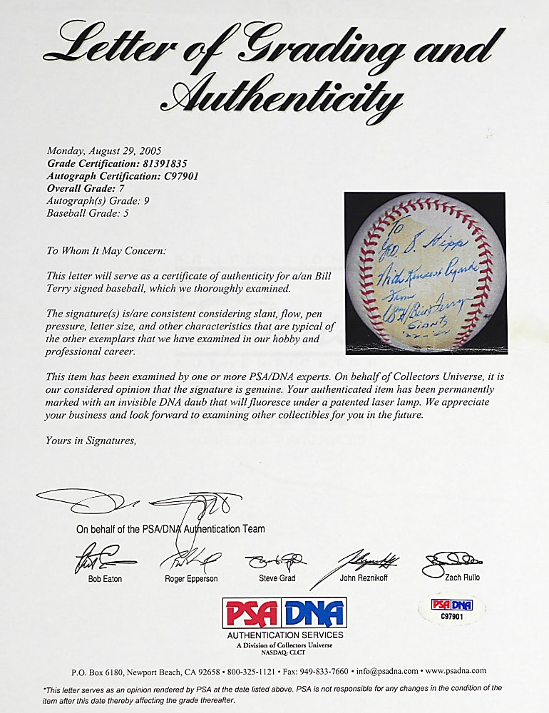 1955 Bill Terry Single-Signed Period Baseball with PSA/DNA LOA & Typed Letter Signed