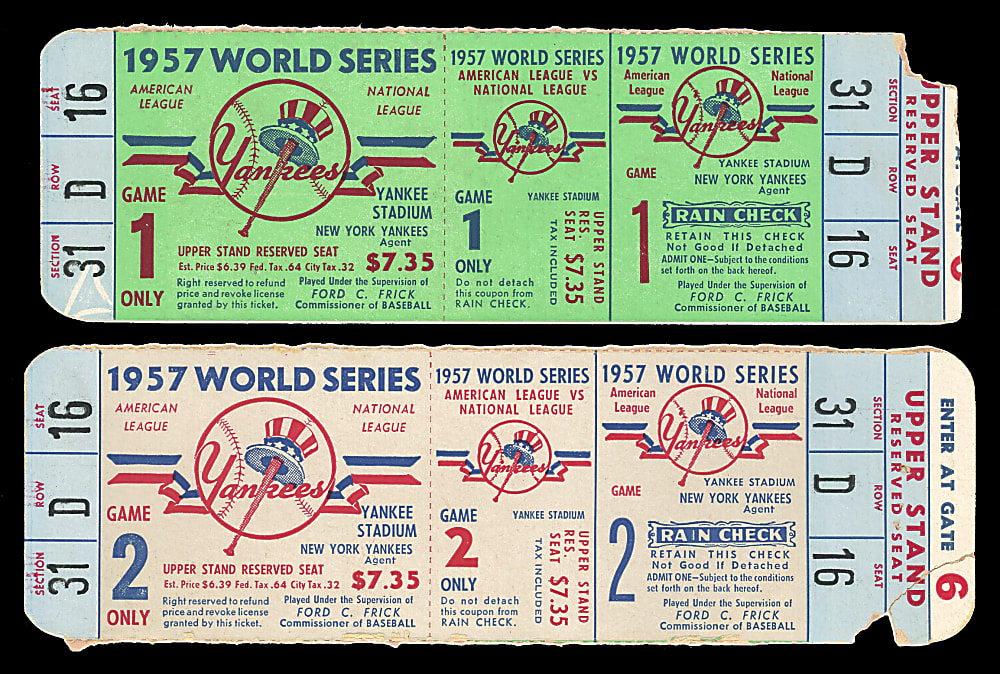 1957 New York Yankees Vs. Milwaukee Braves World Series Full Tickets (2) with Game 1 & Game 2