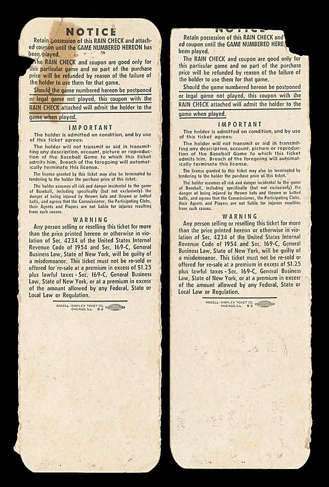 1957 New York Yankees Vs. Milwaukee Braves World Series Full Tickets (2) with Game 1 & Game 2