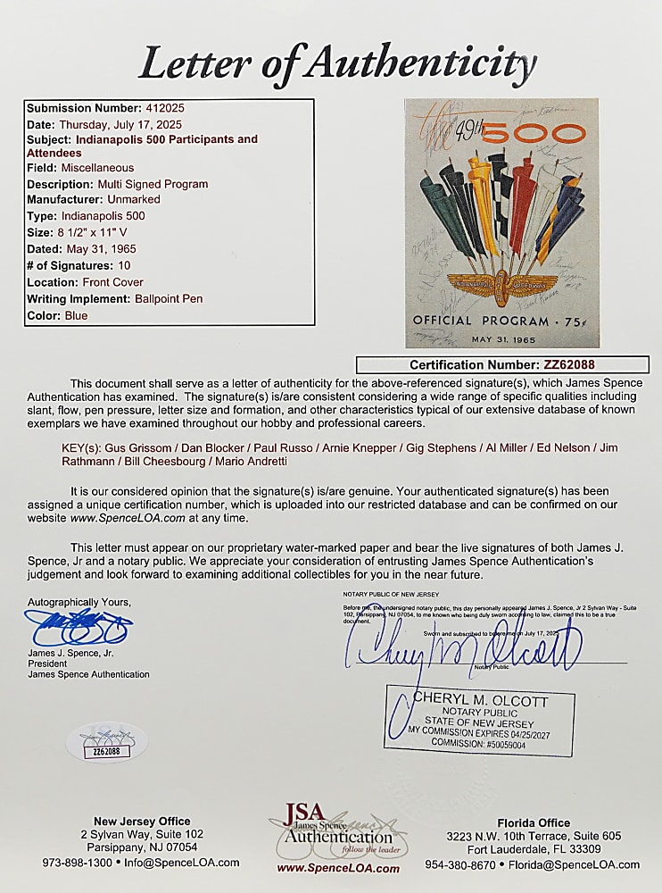 1965 Indianapolis 500 Multi-Signed Program with (12) Including Apollo 1 Astronaut Gus Grissom & Indy Rookie of the Year Mario Andretti - Full JSA