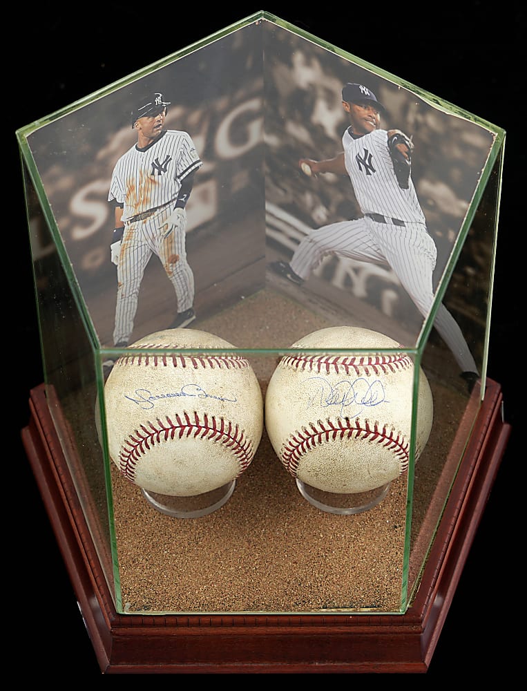 2010 Derek Jeter & Mariano Rivera Single-Signed Game Used Baseballs Pair with Game-Used Yankee Stadium Dirt Display Case - Steiner & MLB Holograms
