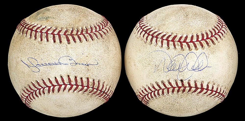 2010 Derek Jeter & Mariano Rivera Single-Signed Game Used Baseballs Pair with Game-Used Yankee Stadium Dirt Display Case - Steiner & MLB Holograms