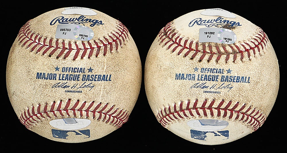 2010 Derek Jeter & Mariano Rivera Single-Signed Game Used Baseballs Pair with Game-Used Yankee Stadium Dirt Display Case - Steiner & MLB Holograms